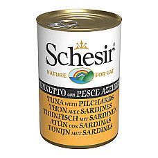 Schesir Tuna with Pilchards ШЕЗІР ТУНЕЦЬ З САРДИНОЮ в желе натуральні консерви для котів, вологий корм, банка 140г , 0.14 кг.