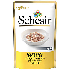 Schesir Tuna and Chicken ШЕЗІР ТУНЕЦЬ З КУРЯЧИМ ФІЛЕ в желе натуральні консерви для котів, вологий корм, пауч 85г , 0.085 кг.