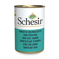 Schesir Tuna with Ham ШЕЗІР ТУНЕЦЬ З ШИНКОЮ в бульйоні натуральні консерви для котів, вологий корм, банка 140г , 0.14 кг.