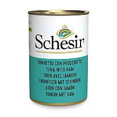 Schesir Tuna with Ham ШЕЗІР ТУНЕЦЬ З ШИНКОЮ в бульйоні натуральні консерви для котів, вологий корм, банка 140г , 0.14 кг.
