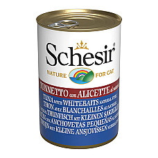 Schesir Tuna with Whitebaits ШЕЗІР ТУНЕЦЬ З АНЧОУСАМИ в бульйоні натуральні консерви для котів, вологий корм, банка 140г , 0.14 кг.
