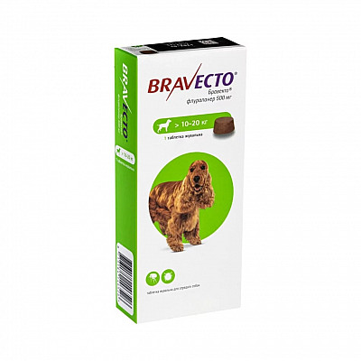 Таблетка MSD Bravecto Бравекто проти бліх і кліщів для собак вагою 10-20 кг, 1 таб/500 мг