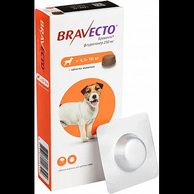 Таблетка MSD Bravecto Бравекто проти бліх і кліщів для собак вагою 4,5-10 кг, 1 таб/250 мг