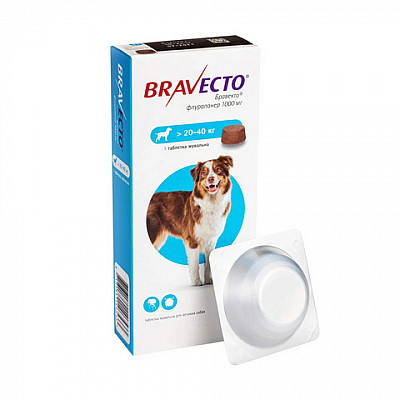 Таблетка MSD Bravecto Бравекто проти бліх і кліщів для собак вагою 20-40 кг, 1 таб/1000 мг