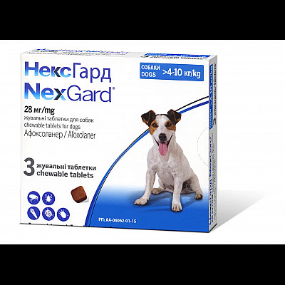 Таблетки Merial NexGard Нексгард проти бліх та кліщів для собак 4-10 кг (М), 3 таб