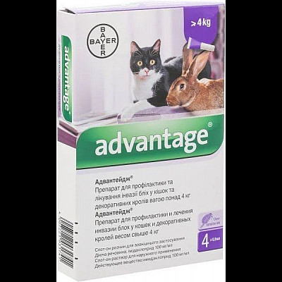 Краплі Bayer Advantage Адвантейдж 80 від заражень блохами для котів, кошенят та декоративних кроликів быльше 4 кг, 4 піпетки