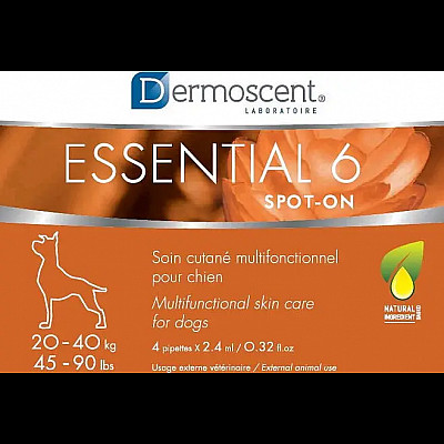 Мультифункціональний засіб Dermoscent Essential-6 spot-on, для догляду за шкірою і шерстю всіх типів, для собак 20-40 кг, (4піп.х2,4мл)