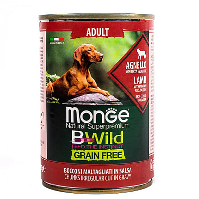 Вологий корм для собак Monge Dog Wet Bwild Grain Free Adult ягня, гарбуз та цукіні, 400 г
