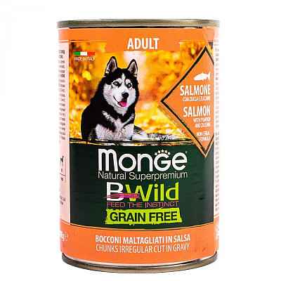 Вологий корм для собак Monge Dog Wet Bwild Grain Free Adult лосось, гарбуз та цукіні, 400 г