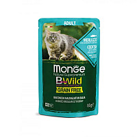 Влажный корм для кошек Monge Cat Wet Bwild Grain Free треска с креветками и овощами, 85 г