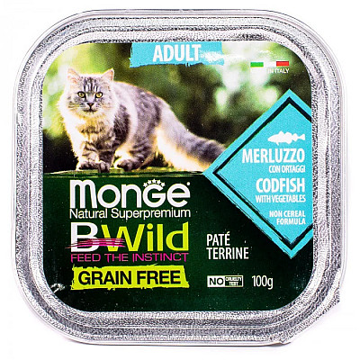 Вологий корм для котів Monge Cat Wet Bwild Grain Free Adult тріска з овочами, 100 г