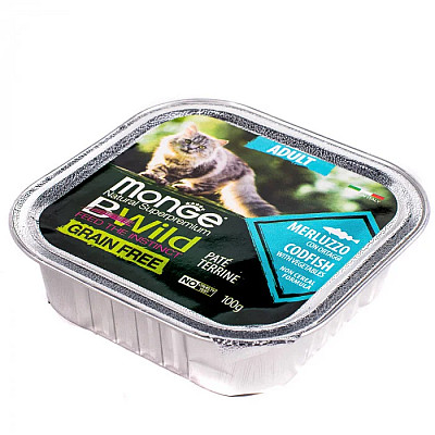 Вологий корм для котів Monge Cat Wet Bwild Grain Free Adult тріска з овочами, 100 г