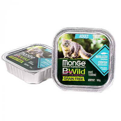 Вологий корм для котів Monge Cat Wet Bwild Grain Free Adult тріска з овочами, 100 г