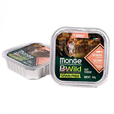 Влажный корм для кошек Monge Cat Wet Bwild Grain Free Adult лосось с овощами, 100 г