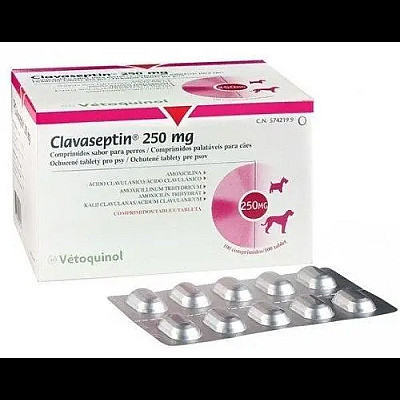 Таблетки Vetoquinol Clavaseptin Клавасептин 250 мг, для котів та собак при захворюваннях шкіри (аналог Синулокс)