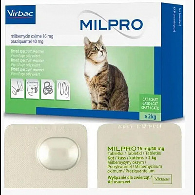 Таблетки Virbac Milpro Мілпро антигельмінтні, для котів 2 - 8 кг, 16 мг/40 мг, 1 таб