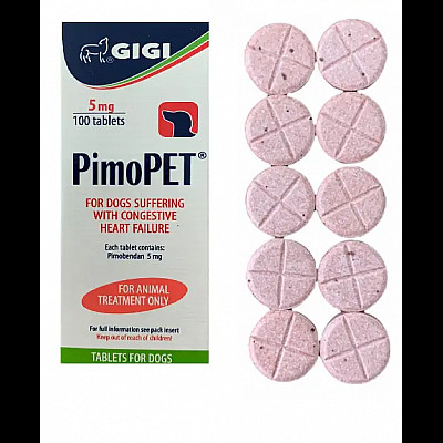 Таблетки GiGi PimoPet ПімоПет 5 мг для лікування серцевої недостатності у собак, 100 таб