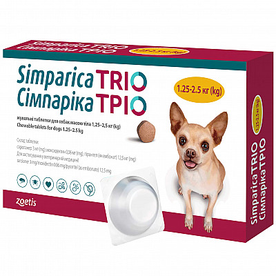 Таблетки Zoetis Simparica Trio Симпаріка Трио от блох, клещей, гельминтов для собак 1,25-2,5 кг, 3 таб