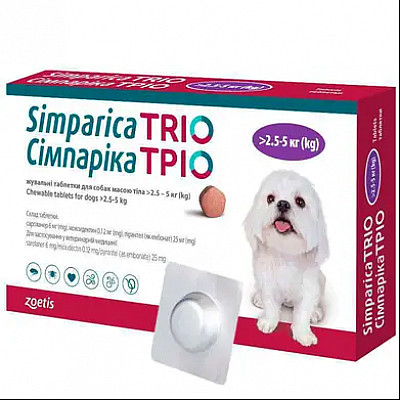Таблетки Zoetis Simparica Trio Сімпаріка Тріо від бліх, кліщів, гельмінтів для собак 2,5-5 кг, 3 таб